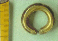 石室内から出土した「金環」の大きさがわかるように定規と並べて置いている写真