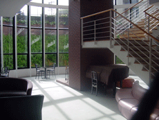 階段を下りて、大きな窓から光の入る1階ロビーの写真