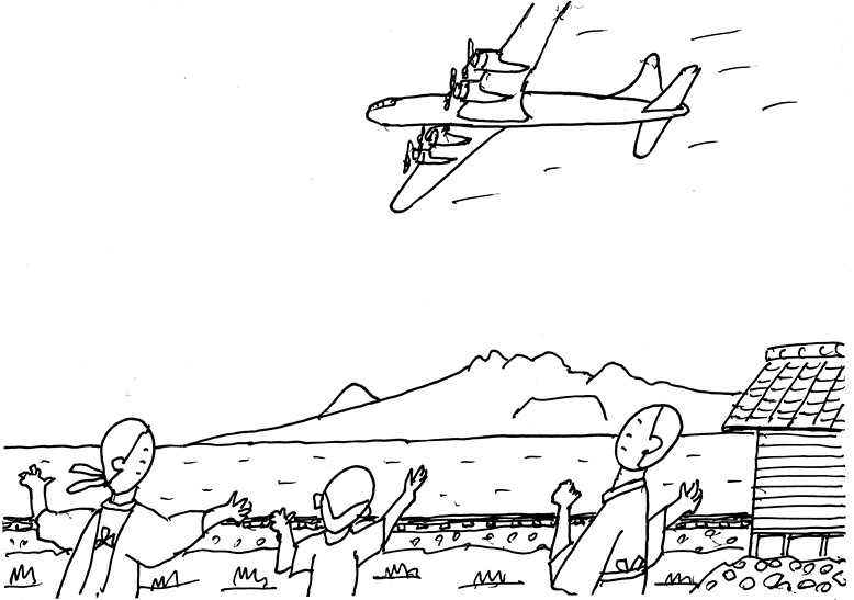 防空壕の真上を飛行するB29爆撃機の画像