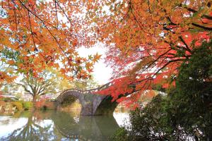 眼鏡橋映る池と紅葉